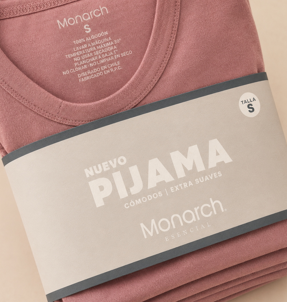 Detalle del pijama Monarch con huincha y etiqueta de cuello